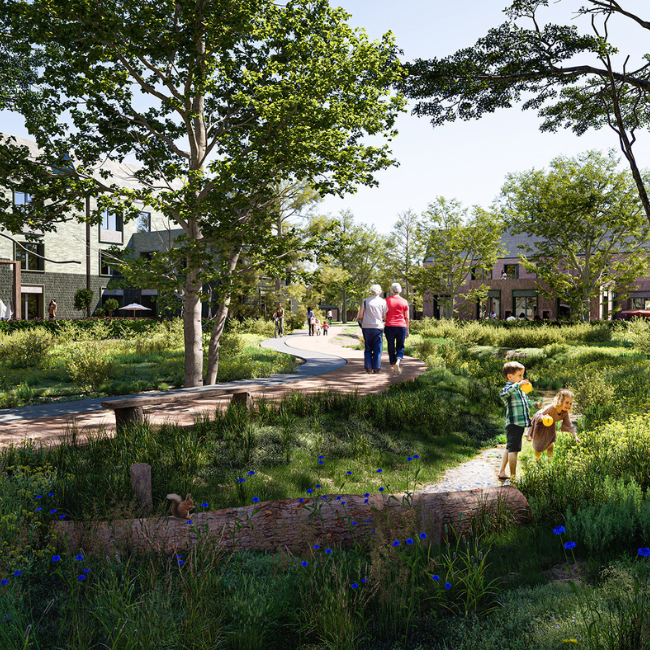 Communal green area with children playing and people walking on foot paths.