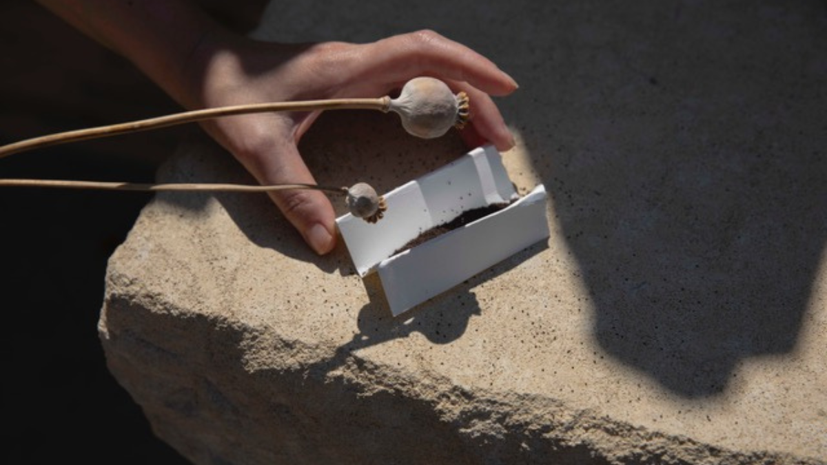 A hand holds dark soil in a metal holder resting on a textured stone surface.