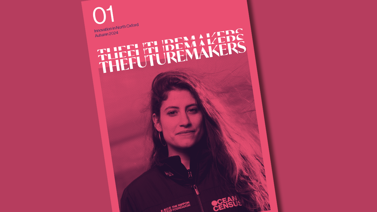 Front cover of the Futuremakers magazine against a matching pink background