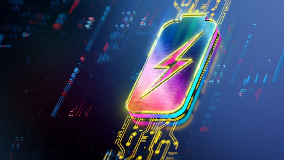 Artistic drawing of a futuristic, luminous battery icon with a lightning bolt icon.