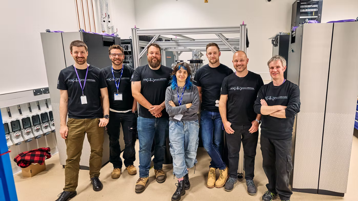 Six men and one woman from the Oxford Ionics team are standing in a row, looking at the camera.