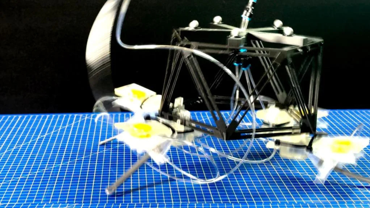 A small tabletop robot with a frame based on a pentagon shape and four legs