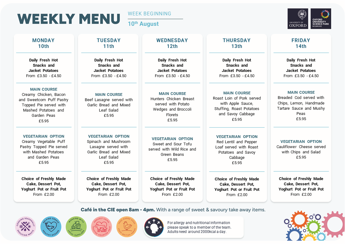 Restaurant menu for the week beginning 10 August