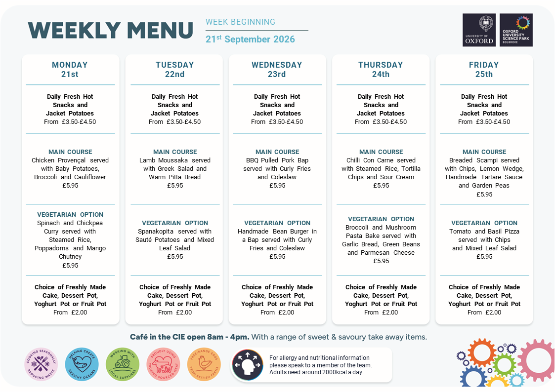Restaurant menu for the week commencing 21 September