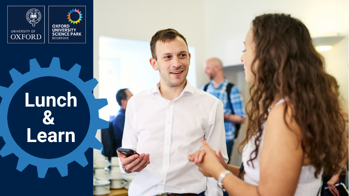 Two people talking at an event with the wording: Lunch and learn