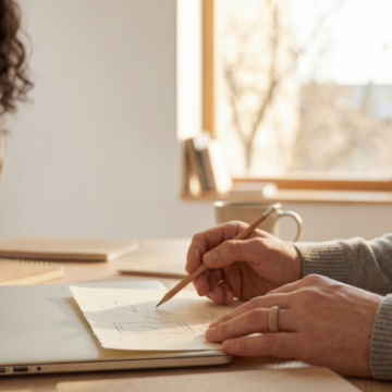 Two people sitting at a desk looking at a notebook