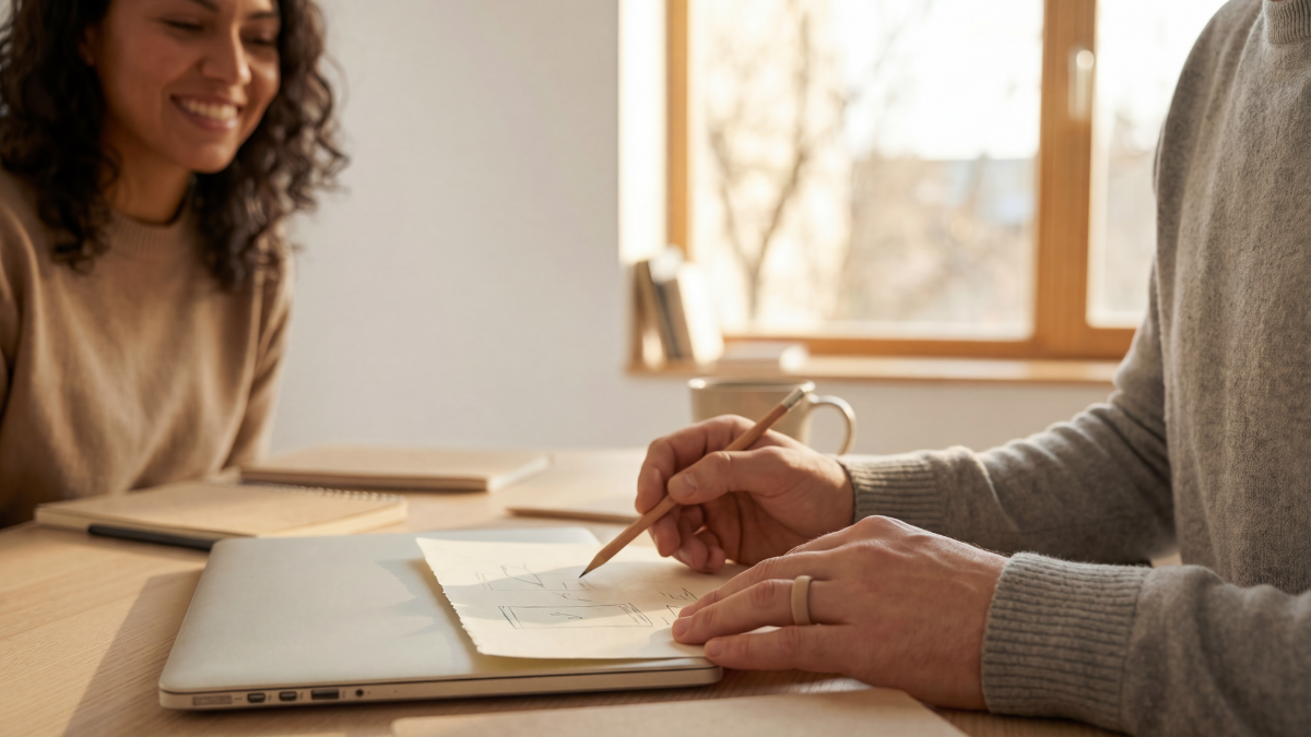 Two people sitting at a desk looking at a notebook